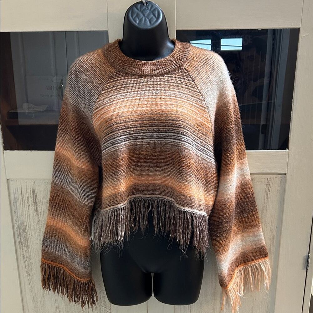 Zara Brown and Tan Striped Fringe Sweater